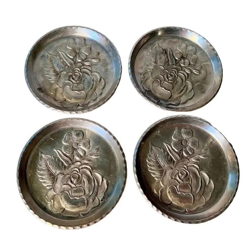 4 Vintage EVERLAST Forged Aluminum Floral Rose Dogwood Pattern Coasters MCM